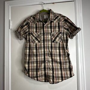Urban Pipeline Mens Shirt  Large brown and orange plaid  Button Up. Pearl Snap.